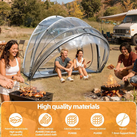 Clear Transparent Bubble Tent For Four People, Portable Camping Dome with Breathable Windows, outdoor camping scene with group