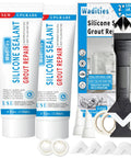 Clear Waterproof Caulk And Seal Silicone Sealant Duo Pack With Grout Repair Kit And Scraper, Shrink Proof And Crack Resistant, 4 Oz Each