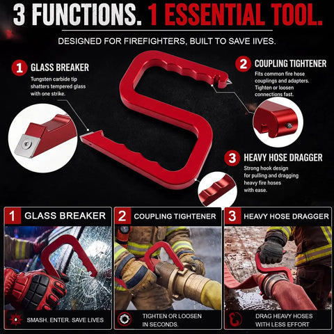 Firefighter Multitool Rescue Tool With Window Breaker And Spanner Wrench shown in three functions for first responders