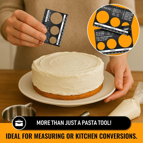 Portion Control Pasta Measurer Tool Stainless Steel Kitchen Gadget For Dope Spaghetti Portions With Built In Ruler In Inches And Centimeters Calorie Guide And Kitchen Conversion Chart Pocket Cooking On Point used to measure cake and baking portions