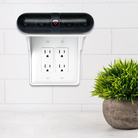 Double Wall Outlet Shelf With Cord Strap And Toothbrush Holder Wall Mounts For Alexa Echo Dot And HomePod, White 2 Pack with speaker
