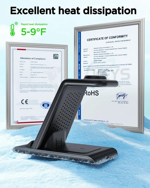 Three In One Wireless Charging Stand For Galaxy Phones Watches And Buds Fast Charge Dock with heat dissipation design and certificates.