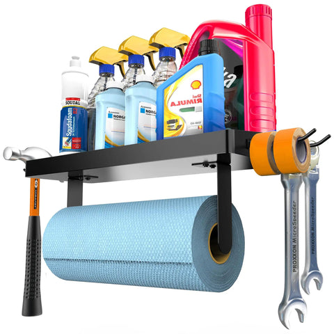 Garage Paper Towel Holder With Shelf And Hooks, Black Stainless Steel Wall Mount Organizer For Kitchen And Workshop holding tools.