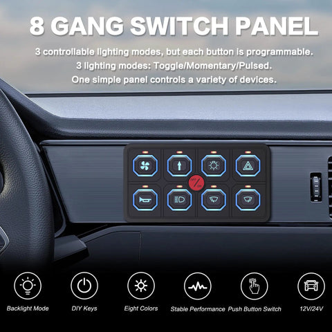 8 Gang RGB LED Touch Switch Panel For 12 24V Vehicles Waterproof Dimmable With Memory Built For Cars Trucks Offroad Marine Boats And Easy Access Control For Lights And Accessories on dashboard