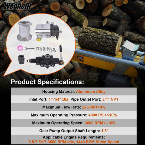 Beefy Heavy Duty Hydraulic Wood Log Splitter Pump Kit With 22 GPM At 4000 PSI, 2 Stage Aluminum Gear Pump, hydraulic directional valve