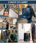 Five ways to carry reusable grocery bags on wheels: long handle, backpack-style, shoulder-carry, short handle, rope-pull options.
