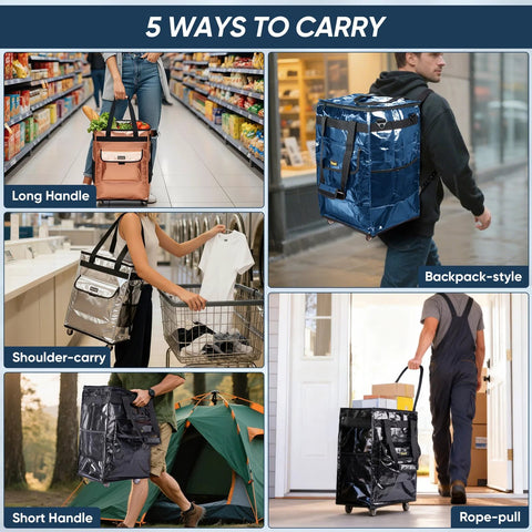 Five ways to carry reusable grocery bags on wheels: long handle, backpack-style, shoulder-carry, short handle, rope-pull options.