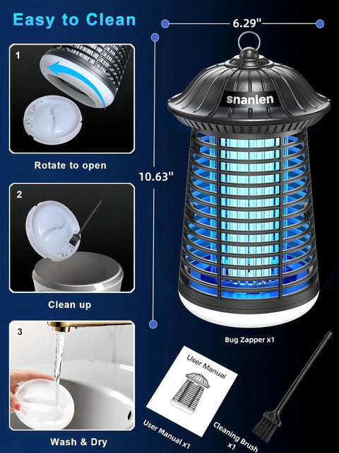 Beast 4200V Electric Bug Zapper with LED attractant, durable ABS, dimensions 6.29x10.63 inches, close-up of cleaning process