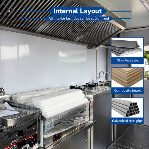 Internal layout of Premium White Food Truck 13ft Heavy Duty Fiberglass Mobile Beverage Cart with stainless steel features.