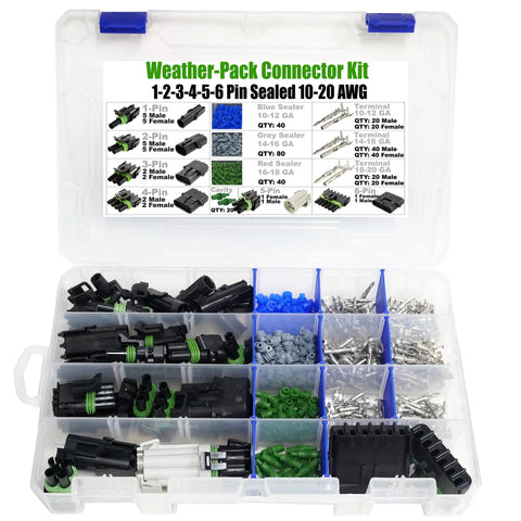 Pro Quality 373 Piece Weather Pack Series Wiring Kit With 10 To 20 Gauge Terminals Male And Female Quick Disconnect Splice For 20 Amp Systems Heavy Duty Sealer Connectors Includes Removal Tool, open case