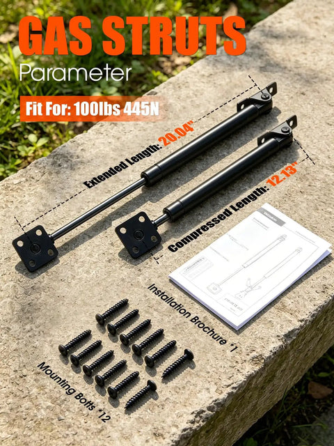 20 Inch Gas Strut Lift Supports For Heavy Duty Toolbox And Storage Trunk Lid With 100 Lbs Force 445N shown with mounting bolts.