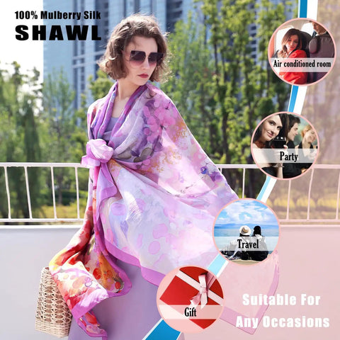 Woman wearing Extra Large One Hundred Percent Mulberry Silk Shawl For Women Dope Lightweight Pashmina Wrap Floral Pattern Ninety By Forty Three Inches
