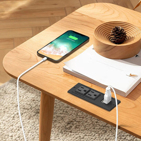 Flush Mount Desk Power Strip With Recessed Grommet 2 Outlets And 2 USB Ports 9.85 Ft Extension Cord on wooden table