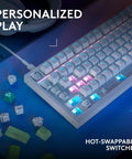Top Tier Wireless Mechanical Gaming Keyboard Hot Swappable Linear Switches Ridiculously Smooth Pbt Keycaps Serving Insane 8 Khz Polling Speeds For Elite Play In White, showing illuminated keys and surrounding switches.