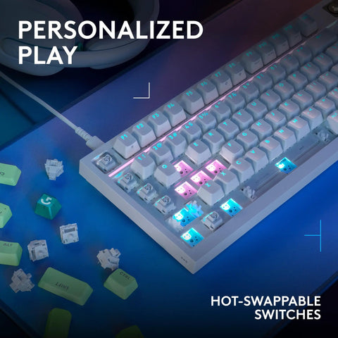 Top Tier Wireless Mechanical Gaming Keyboard Hot Swappable Linear Switches Ridiculously Smooth Pbt Keycaps Serving Insane 8 Khz Polling Speeds For Elite Play In White, showing illuminated keys and surrounding switches.