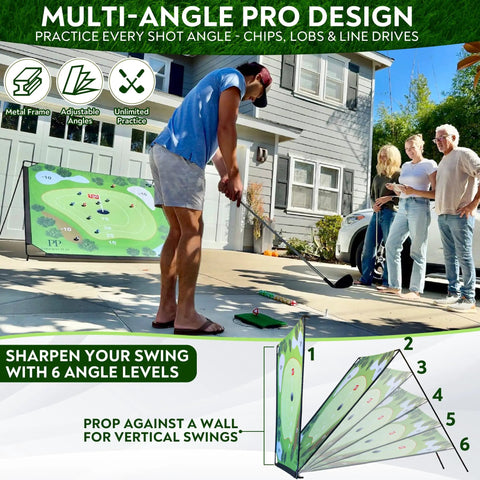 Person using Sticky Golf Chipping Game Set With 6x6 Foot Metal Frame For Backyard Hangout And Indoor Outdoor Practice