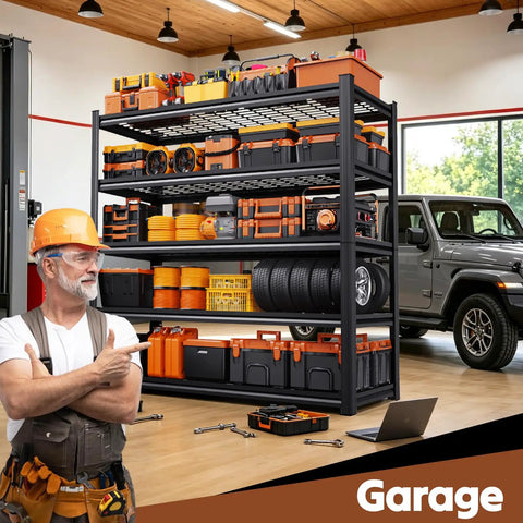 Beefy Heavy Duty Tall Garage Shelving Unit With Mesh Shelves For Airflow, Adjustable Industrial Storage Rack With 5 Ton Capacity, Metal Standing Shelves For Garage Kitchen Warehouse Basement Utility Room, 71 By 35 By 16 Inches in garage with tools and tires