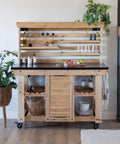 Front view of 48 Inch Cedar Wood Buffet Hutch Serving Station With Galvanized Steel Countertop, Wine Rack And Glass Rack, Trash Bin, Modular Shelves, Towel Bar, Backyard Ready Indoor Outdoor Prep Station.