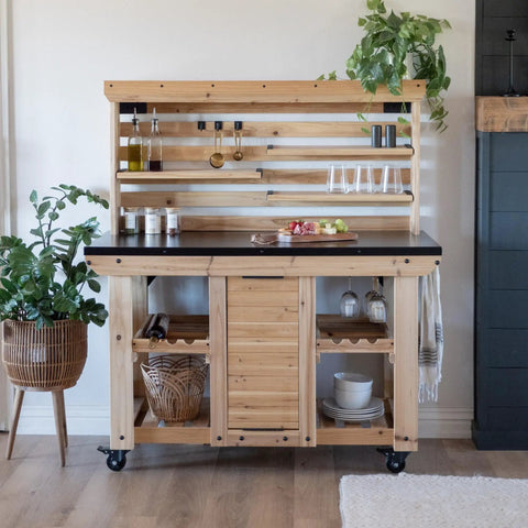 Front view of 48 Inch Cedar Wood Buffet Hutch Serving Station With Galvanized Steel Countertop, Wine Rack And Glass Rack, Trash Bin, Modular Shelves, Towel Bar, Backyard Ready Indoor Outdoor Prep Station.