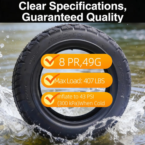 10 Inch Off Road Tubeless Tire 3.00-10 for Electric Scooters Motorcycles E-Bikes and Mopeds with specs over water