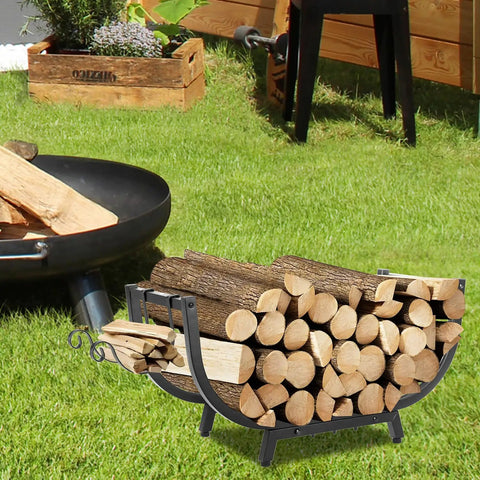 30-Inch Curved Firewood Rack, Heavy-Duty Steel Log Holder for indoor and outdoor use, with wood stacked in a garden setting.