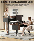 61 Inch Electric Adjustable Standing Desk With Two Smooth Glide Drawers And Latched Storage Cabinet Dual Drip Proof Cup Holders Heavy Duty Steel Frame Quiet Motor in office setting with women using desk.