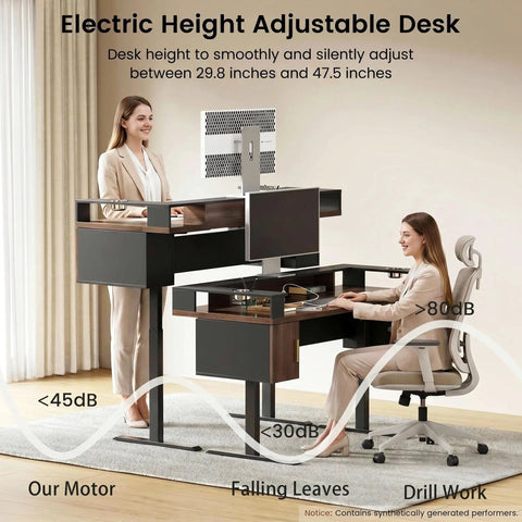 61 Inch Electric Adjustable Standing Desk With Two Smooth Glide Drawers And Latched Storage Cabinet Dual Drip Proof Cup Holders Heavy Duty Steel Frame Quiet Motor in office setting with women using desk.
