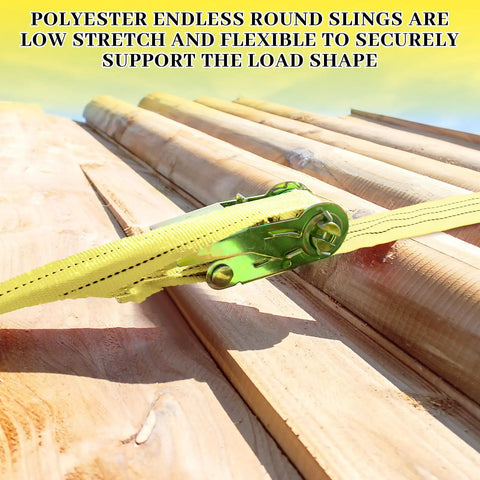 Polyester endless loop round sling securing wood beams, demonstrating flexibility and load support capabilities.