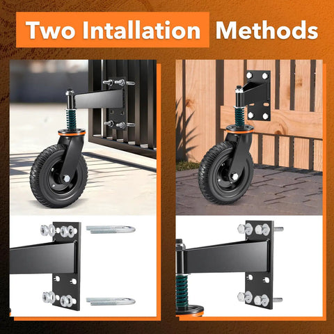 8 Inch Heavy Duty Fence Gate Wheel With 360 Degree Rotation Spring Loaded Rubber Caster 700 Lbs Capacity Fits Metal Tube Or Wooden Gates No Fuss Install With Straight Bolts And U Bolts installed on metal and wooden gates