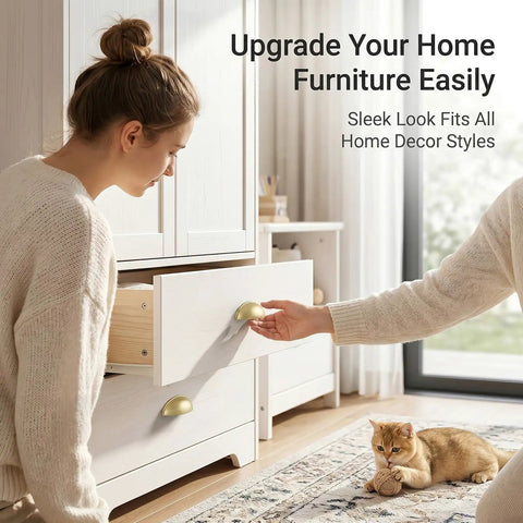 Person installing Light Brass Cup Pulls 10 Pack Brushed Gold Cabinet Pulls Gold Cup Drawer Handles on white drawer