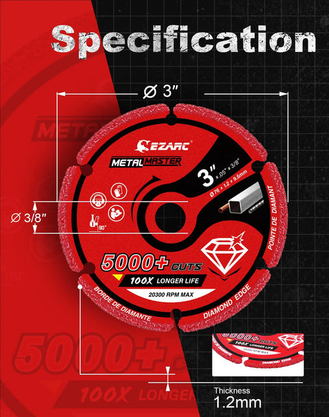 EZARC diamond cutting wheel, 3 in diameter, 3/8 in arbor, 1.2 mm thick, red segmented edge, 2-pack for die grinder