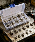 Heavy Duty 45 Pcs Metric Grease Fitting Kit Assortment M6 M8 M10 Zerk Nipples For Automotive Repair, Oil Gun Attachments Built Tough To Handle Tight Spots And Stop Leaks Like A Total Boss With Carbon Steel Reliability. Metric carbon steel grease fittings in organizer case, automotive repair