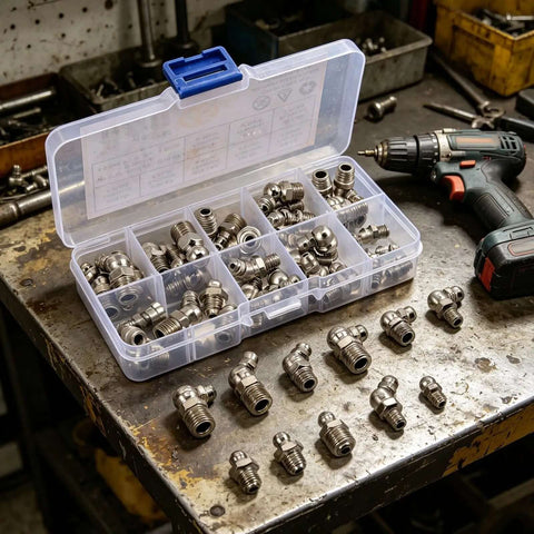 Solid 45 Pc Metric Grease Fitting Kit With Leakproof Zerk Nipples In Heavy Duty Carbon Steel For M6 M8 M10 Fasteners Perfect For Hot Rods And Daily Driver Maintenance Projects. open plastic case with assorted metric grease fittings on workbench