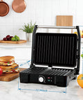 Versatile Contact Grill And Panini Press With 180 Degree Floating Hinge Plates For Steaks, Sausages, Quesadillas on kitchen counter.