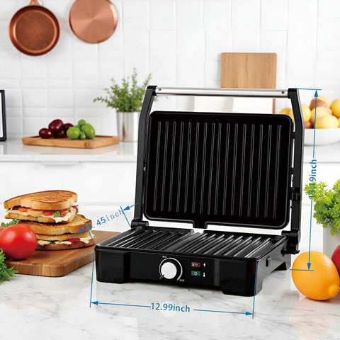 Versatile Contact Grill And Panini Press With 180 Degree Floating Hinge Plates For Steaks, Sausages, Quesadillas on kitchen counter.