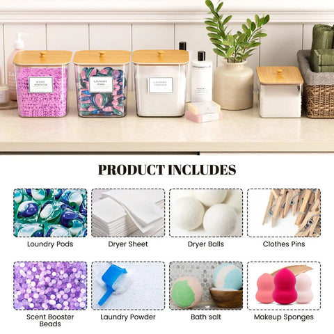 Clear Acrylic Laundry Pods Storage Container Set With Wooden Lids And Scoops, Includes Dryer Sheet Holder And Waterproof Labels, Perfect For Detergent And Scent Boosters, Keeps Your Laundry Room Fresh And No Sweat