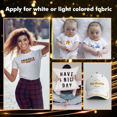 Sublimation Paper 8.3x11.7 Inch, 110 Sheets, 105G, used on light fabric T-shirts, cap, pillow, and baby clothes. Ideal for vivid transfers.