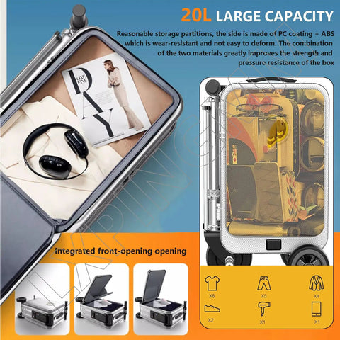 Straight Fire Rideable Electric Suitcase 20 Inch Smart Carry On Luggage For Adults with large capacity and organized interior.
