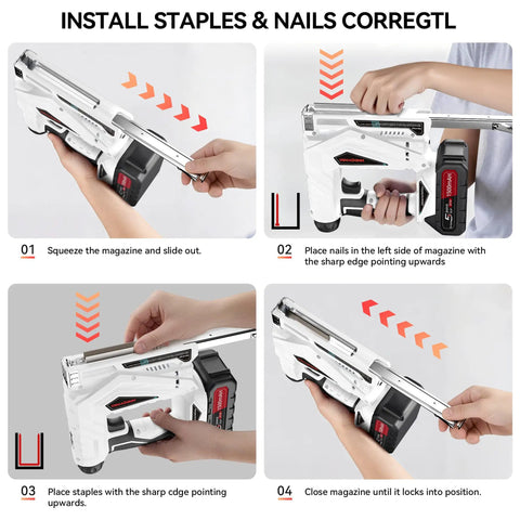 Heavy Duty Cordless Brad Nailer And 2 In 1 Electric Stapler With Fast Charge Battery, step-by-step guide for installing nails and staples.