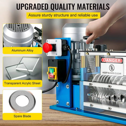 Automatic Wire Stripping Machine With 370W Motor Delivers Fast Copper Cable Stripping From 0.06 Inch To 1.5 Inch Up To 98 Feet Per Minute 11 Channels 10 Blades Ideal For Scrap Recycling And Save You Time On Cable Prep with aluminum alloy, acrylic sheet, and spare blade visible