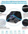 Heavy Duty 420D Kids Ride On Car Cover Waterproof For Outdoor Use, Universal Fit With Reflective Strips over a toy jeep