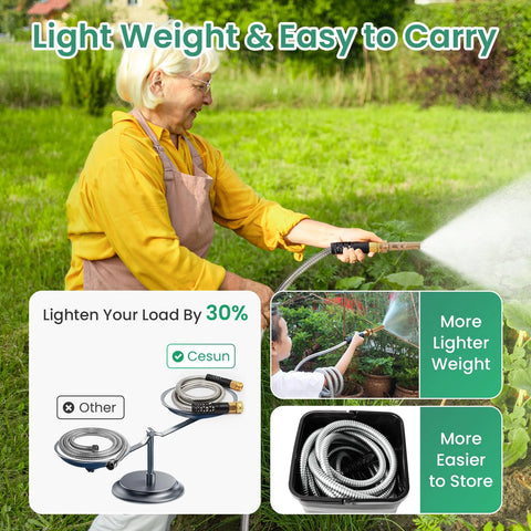 Cesun 25ft stainless steel garden hose with high-pressure brass nozzle