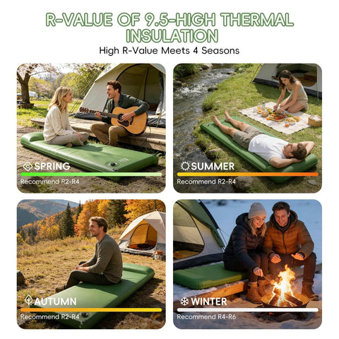 Cloudlike Memory Foam Camping Sleeping Pad With Pillow, Foldable Self Inflating Mattress Pad shown in four seasonal setups