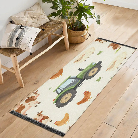 Farm Animals Cartoon Tractor Runner Rug 2x6 Hallway Mat Perfect For Narrow Hallways in hallway with bench and plant.