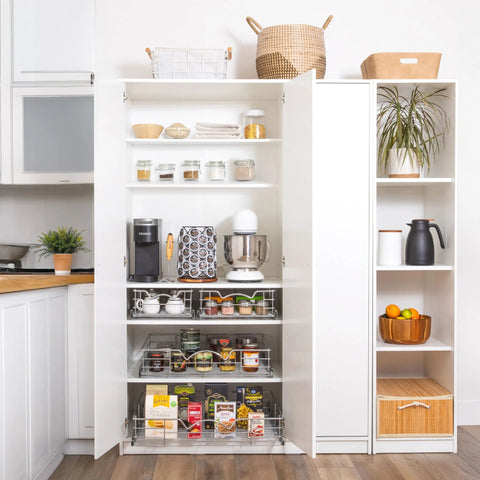 Kitchen with open cabinet showcasing heavy-duty cabinet organizer with pull-out drawer for pots and pans, anti-rust chrome finish