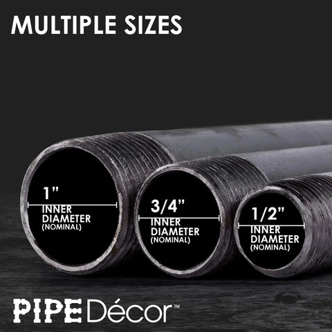 Black Steel Plumbing Pipe 3/4 Inch By 18 Inch Pre Cut 4 Pack For Industrial DIY Furniture Projects with size comparison display