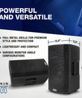 TX412 700W 12 Inch Powered PA Speaker With TWS Bluetooth showing full metal grille and dimensions for outdoor performances