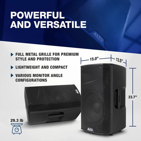 TX412 700W 12 Inch Powered PA Speaker With TWS Bluetooth showing full metal grille and dimensions for outdoor performances