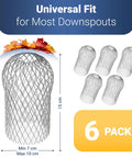 6 Pack Leaf Guard Gutter Filter Mesh Screen For Downspouts And Gutters, Easy Install Drain Cover, displayed with measurements.