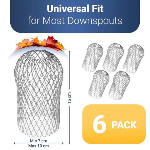6 Pack Leaf Guard Gutter Filter Mesh Screen For Downspouts And Gutters, Easy Install Drain Cover, displayed with measurements.